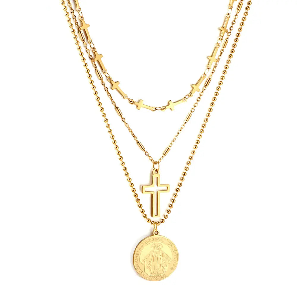 Stainless Steel Round Accessories With Pattern + Cross Accessories + Cross With Chain Three Chains Necklace asonjewelry